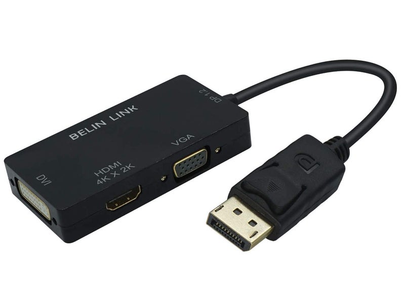 BELIN LINK DP to HDMI VGA DVI Adapter Displayport to HDMI 4K Adapter 3 in 1 Display Port to HDMI VGA DVI Converter Male to Female Gold-Plated (Rectangle Black) - Image 1